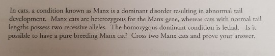 In cats, a condition known as Manx is a dominant disorder resulting in abnormal tail development. Manx cats are heterozygous