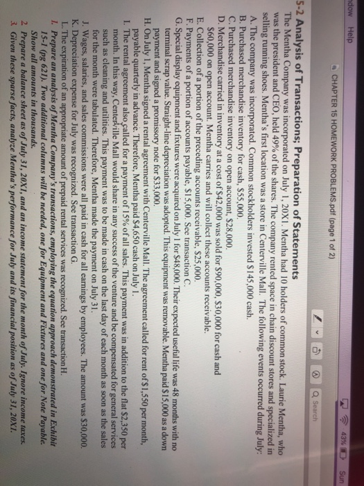 ndow Help 43% Sun CHAPTER 15 HOMEWORK PROBLEMS.pdf (page 1 of 2) Search 5-2 Analysis of Transactions; Preparation of Statemen