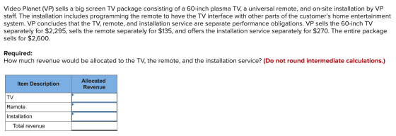 Video Planet (VP) sells a big screen TV package consisting of a 60-inch plasma TV, a universal remote, and on-site installati