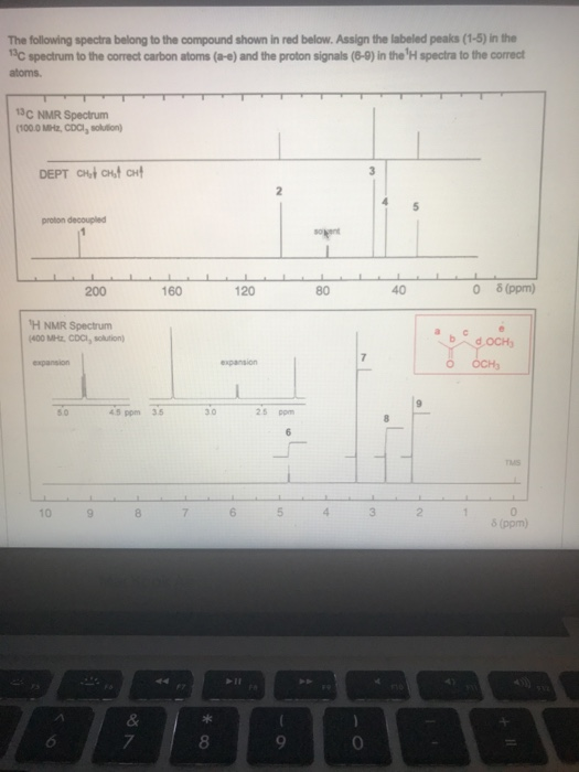 The following spectra belong to the compound shown in red below. Assign the labeled peaks (1-5) in the 13c spectrum to the co