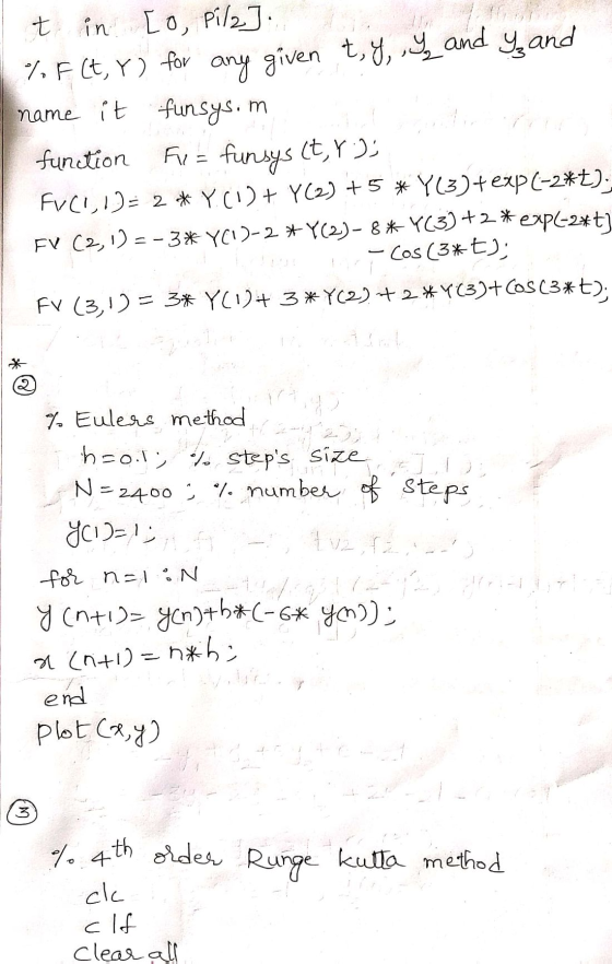 t in [o, pil2]. % F(t, Y) for any given ty, I, and y, and name it funsys.m function Fu = funsys (t, ross FVCI,1)= 2 * Y (1) +