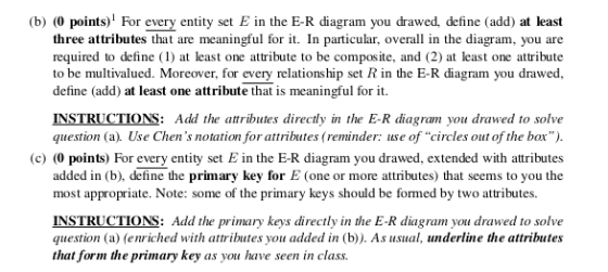 (b) 0 points) For every entity set E in the E-R diagram you drawed, define (add) at least three attributes that are meaningf