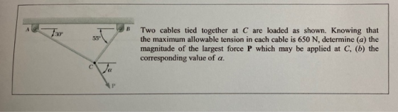Two cables tied together at C are loaded as shown. Knowing that the maximum allowable tension in each cable is 650 N, determi