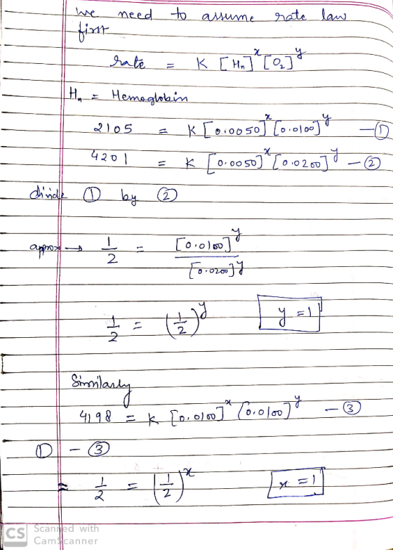 we need to assume rate law hate = k [Hall Toy H₂ = Hemoglobin Qlos k [0.0050] (0.0100)* -0 4201 = K [0.0050)*(0.02.00] -0 din