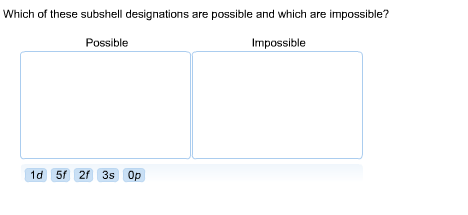 Which of these subshell designations are possible and which are impossible? Possible Impossible 10 51 21 3s Op
