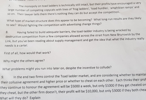 1. The monopoly on toad ladders is technically still intact, but their profits have encouraged a very large number of competi