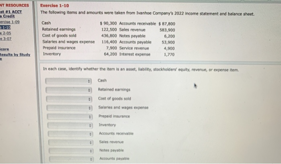 HT RESOURCES st#1 ACCT Credit ercise 1-09 1.10 2-05 3-02 Exercise 1-10 The following items and amounts were taken from Ivanho