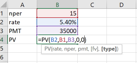 D | A 1 nper 2 rate 3 PMT PV B 15 5.40% 35000 |=PV(B2,B1,B3,0,0) PV(rate, nper, pmt, [fv], [type])