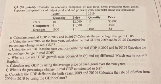 2009 Q1 (70 points). Consider an economy composed of just three firms producing three goods. Suppose that quantities of outpu