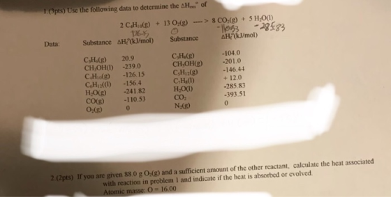 1. (3pts) Use the following data to determine the AH.. of 2 C Hig) + 13 0_(g) ---> 8 CO(g) + 5 H2O(1) 12-15 -11053 -28583 Dat