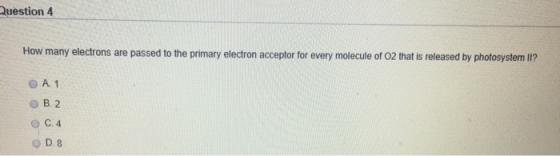 Question 4 How many electrons are passed to the primary electron acceptor for every molecule of O2 that is released by photos