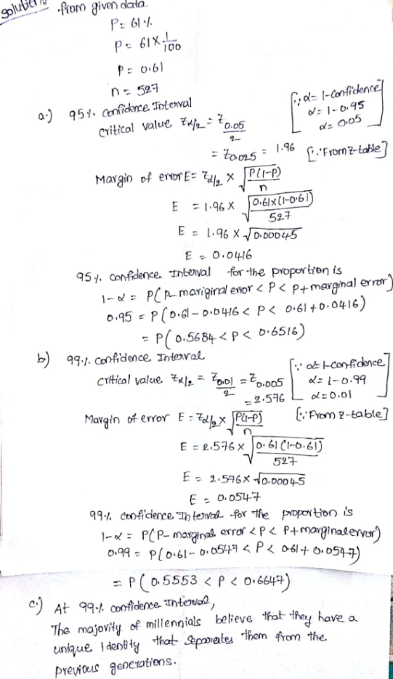 gio ive aa p06 o I-confidence z?oes value, critical 2- С..From7-table 1.96 527 1- PCA mainal enor< P< P+marghal eor) P( 0.568