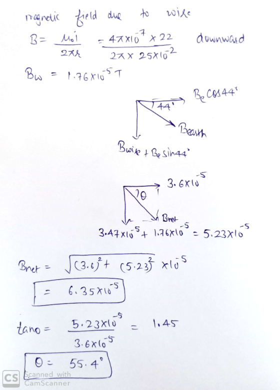 ragnetic field due to wire B= Mol - 47810*x22 286 287 257162 Bw = 1.760105T downward rasis Becos 44 Bwise & Besinau No > 3.6