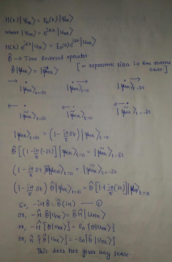 H(K)14hk) = E(k) lok/ where I Unk>= pikx unk? HCK) eikxUnx > = Enck) e kx Unk) Ô → Time Reversal operator. @lynk) - ) [~ rep
