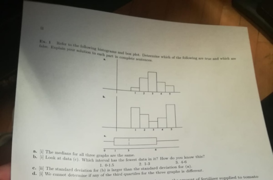 Ex. 1 Refer to the following histograms and box plot. Determine which of the following are true and which are fale Explain yo