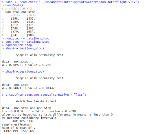 WN > data <- read_excel(../Documents/Tutoring/Software/random data/flight.xlsx) > head(data) # A tibble: 6 x 2 Non_stop one