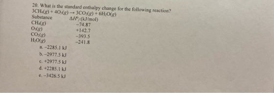 20. What is the standard enthalpy change for the following reaction? 3CH.(g) + 40.(g) + 3C02(g) + 6H2O(g) AH (kJ/mol) CHig) -