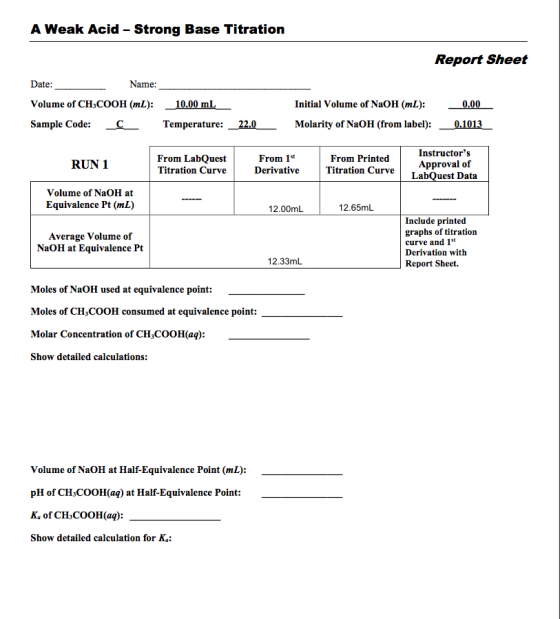 A Weak Acid - Strong Base Titration Report Sheet Date: Name: Volume of CH3COOH (ml): Sample Code: { 10.00 mL Temperature: _22