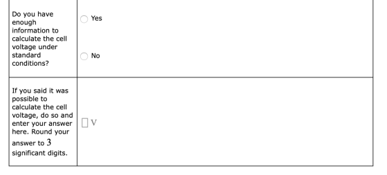 Yes Do you have enough information to calculate the cell voltage under standard conditions? O No If you said it was possible