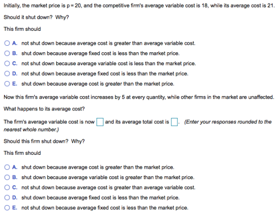 Initially, the market price is p=20, and the competitive firms average variable cost is 18, while its average cost is 21. Sh