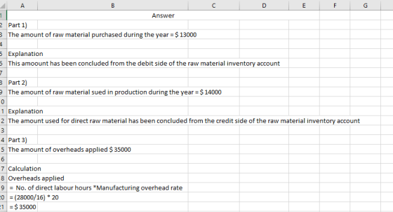 D E F G ДА Answer 2 Part 1) 3 The amount of raw material purchased during the year = $ 13000 5 Explanation 5 This amoount has