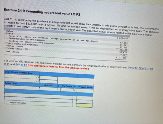 Exercise 24-9 Computing net present value LO P3 B2B Co. is considering the purchase of equipment that would allow the ould al