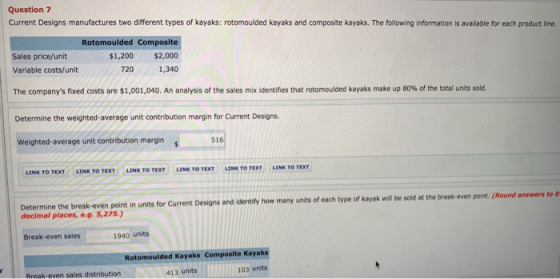 Question7 Current Designs manufactures two different types of kayaks: rotomoulded kayaks and composite kayaks. The following information is available for each product line. Rotomoulded Composite 1,200 $2,000 7201,340 Sales price/unit Variable costs/unit The companys fixed costs are $1,001,040. An analysis of the sales mix identifies that rotomolded kayaks make up 80% of the total units sold. Determine the weighted-average unit contribution margin for Current Designs. Weighted-average unit contribution margins 516 LINK TO TEXT LINK TO TEXT uNK TO TEXT LINK TO TEXT LINK TO TEXT LINK TO TEXT Determine the break-even point in units for Current Designs and identify decimal places, e.g.5,275.) how many units of each type of kayak will be sold at the break-even point. (Round answers to o Break-even sales 1940 units Rotomoulded Kayaks Composite Kayaks 413 units 103 units