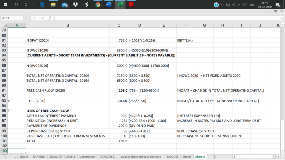 W © v Taux 3 ENG 06:40 30-03-2020 ... o X A103 X ✓ fx C D E F G H I J KA 79 80 81 NOPAT [2020] 756.0 (=1008*(1-0.25)] EBIT*(1