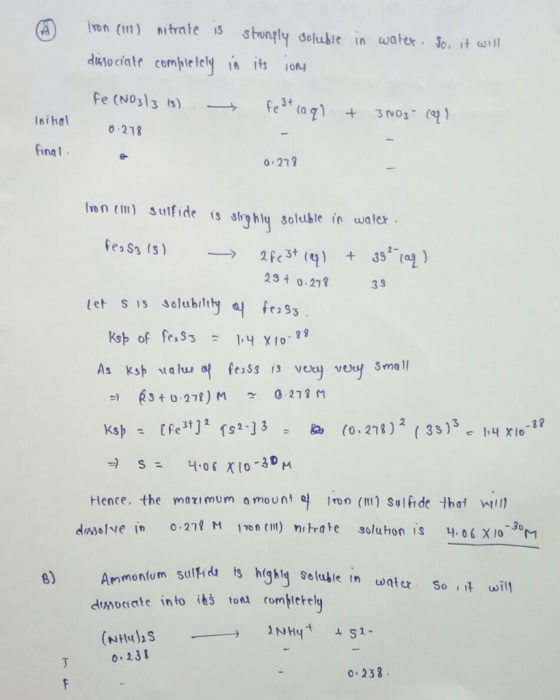 diujo ciate comple lely in it oN Inihal 0.218 fing l 0 273 on Sulfide is ghly soluble in walex 29 t 0.27 39 Hence. the maximum amount o ron (RI) Solfde that trate suluhon is406 X 103 Anmonfum sul s high Se dunoeiate in to ihs tod completely 8) 0.231 0 238