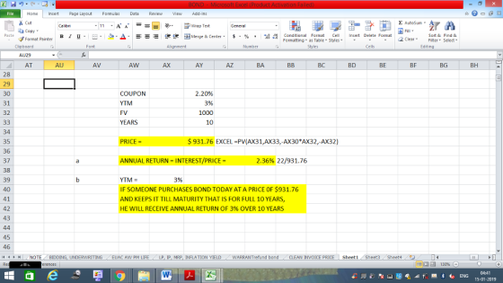 Home nert Page Layout Formulas Data Review View dd-Ins Cut E AutoSum ー E ゴWrap Text General ta copy ▼ в 1 프 . Ej-., Δ. : rーー 逻锂函Merge & Center. $, % , 弼,8 C Conditional Format CeInsert Delete Format Formatting as Table Styles2 Clear Sort &Find & Format Painter Clipboard AU29 AT Font Alignment Number Styles Cells Editing AU AV AW AY BD BE BF BG BH 28 29 30 31 32 COUPON YTM 2.20% 1000 YEARS 34 35 36 37 38 39 PRICE = E931.76 EXCEL-PV(AX31,AX33,-AX30*AX32,-AX32) ANNUAL RETURN = INTEREST/PRICE- 2.36% 22/931.76 YTM IF SOMEONE PURCHASES BOND TODAY AT A PRICE OF $931.76 AND KEEPS IT TILL MATURITY THAT IS FOR FULL 10 YEARS, HE WILL RECEIVE ANNUAL RETURN OF 3% OVER 10 YEARS 3% 41 42 43 45 46 (4 トト , NOTE BIDDING, UNDERWRITING . . EUAC AW PM LIFE / LP, Ip, MRP, INFLATION YIELD ( WARRANTrefund bond , CLEAN INVOICE PRICE Sheet1 Sheet3 Sheet4. 04:41 15-01-2019