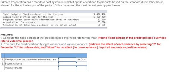 Primara Corporation has a standard cost system in which it applies overhead to products based on the standard direct labor-ho