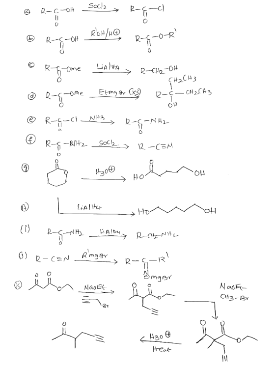 Socl2 D-C-OH 11 R-CC R-C-OH Ome R-CH2-OH me 2-CCH2H3 R -c NH3 2- NH2 R--AH2 Soch 2-CEN H30 OH HO to OH (i) R-CNH R-CHN RmgBr
