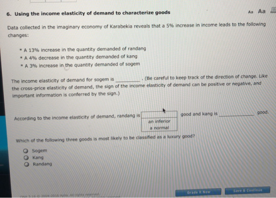 6. Using the income elasticity of demand to characterize goods Aa Aa E Data collected in the imaginary economy of Karabekia r