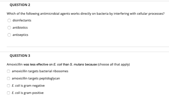QUESTION 2 Which of the following antimicrobial agents works directly on bacteria by interfering with cellular processes? dis