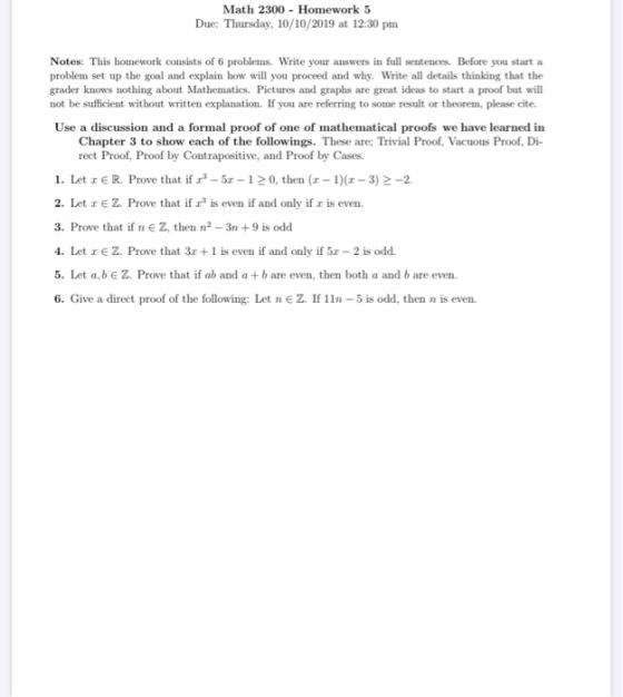 Math 2300 - Homework 5 Due: Thursday, 10/10/2019 at 12:30 pm Notes: This homework consists of 6 problems. Write your answers