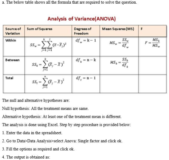 a. The below table shows all the formula that are required to solve the question. Source of Variation Analysis of Variance(AN