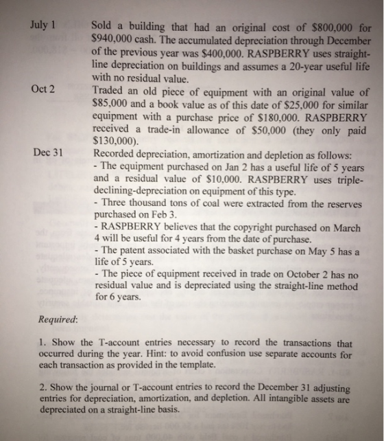 July 1 Oct 2 Dec 31 Sold a building that had an original cost of $800,000 for $940,000 cash. The accumulated depreciation thr