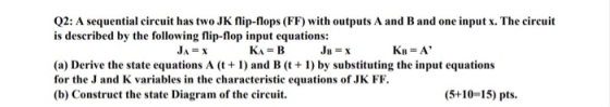 Q2: A sequential circuit has two JK flip-flops (FF) with outputs A and B and one input x. The circuit is described by the fol