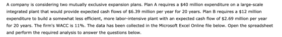 A company is considering two mutually exclusive expansion plans. Plan A requires a $40 million expenditure on a large-scale i