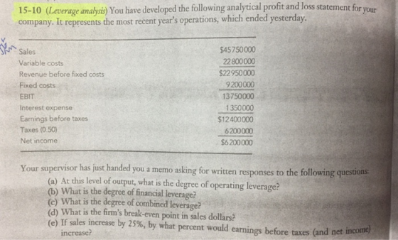 15-10 (Lecverage analysti) You have developed the following analytical profit and loss satement fr your company. It represents the most recent years operations, which ended yesterday. Sales Variable costs Revenue before fixed costs Fixed costs EBIT Interest expense Earnings before taxes Taxes (0.50) Net income $45750000 22800000 $22950000 9200000 13750000 1350000 $12400000 6200000 $6 200000 Your supervisor has just hand ed you a memo asking for written responses to the following questions (a) At this level of output, what is the degree of operating leverage? (b) What is the degree of financial leverage? (c) What is the degree of combined leverage? (d) What is the firms break-even point in sales dollars? (e) If sales increase by 25%, by what percent would earnings before taxes (and net income increase?