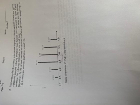 Page 5/6 Test#2 Name 15. The traveling time from office to the nearest airport owing probability mass function (PMF) shown in
