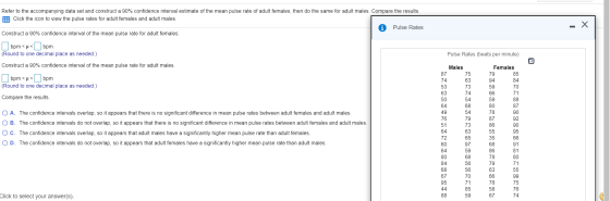 Refer to the accompanying data set and construct a 90% confidence interval estimate of the mean pulse rate of adult females;
