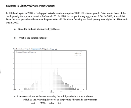 Example 7: Support for the Death Penalty In 1980 and again in 2010, a Gallup poll asked a random sample of 1000 US citizens p