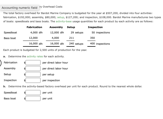 Accounting numeric field ry Overhead Costs The total factory overhead for Bardot Marine Company is budgeted for the year at $