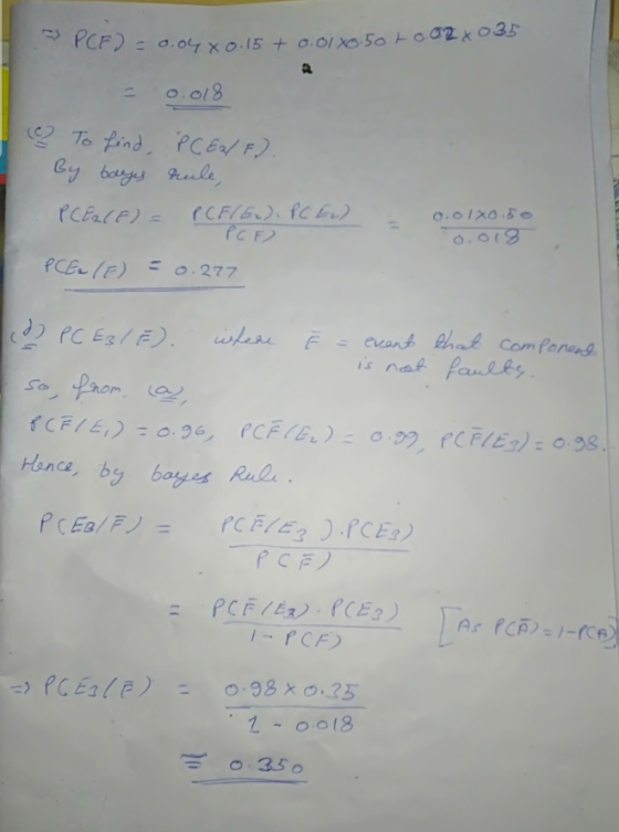 E d.o4X0.15 + 0.01 0.5oto02x035 = 0.018 ♡ To find, PC E2/F). By bayes rule, PCERCE) - PCF/E2), PCE) PCF) PCEM (F) = 0.277 0.0