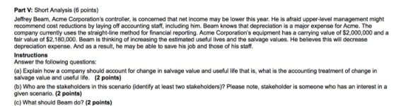 Part V: Short Analysis (6 points) Jeffrey Beam, Acme Corporations controller, is concerned that net income may be lower this