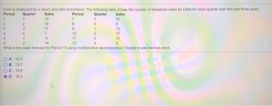 Chris is employed by a resort and sells timeshares. The following table shows the number of timeshare sales for Chris for each quarter over the past three years. Period Quarter Sales Period Quarter Sales 10 16 12 13 17 12 10 14 12 What is the sales forecast for Period 13 using multiplicative decomposition? Round to one decimal place OA 12.0 O B. 137 O C. 14.9 D. 14.3