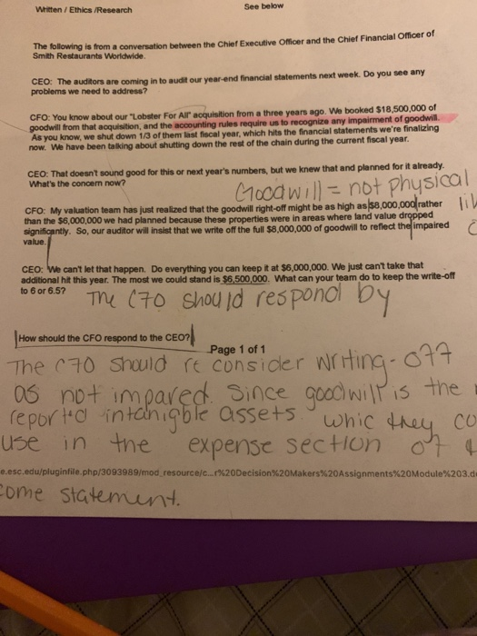 See below Writen / Ethics /Research The following is from a conversation between the Chief Executive Officer and the Chief Fi