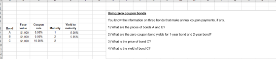 Using zero coupon bonds You know the information on three bonds that make annual coupon payments, if any. Bond Maturity 1) Wh