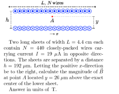 L, N wires TO00000000000000000 Two long sheets of width L = 4.4 cm each contain N = 440 closely-packed wires car- rying curre